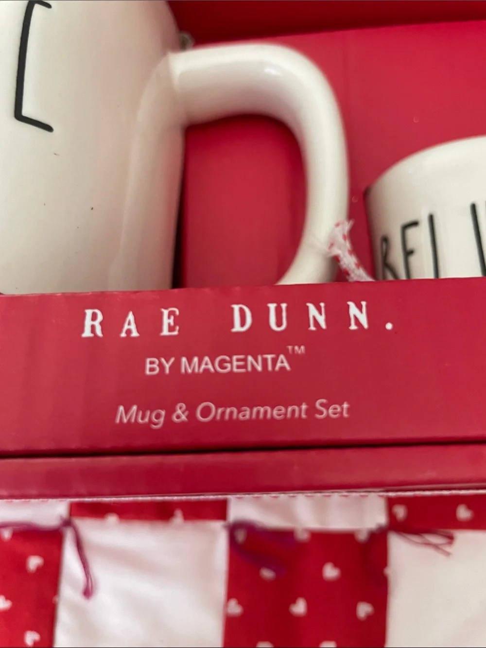 New in Box Rae Dunn White 'BELIEVE' Ceramic Mug & Ornament Set with Red Accents
